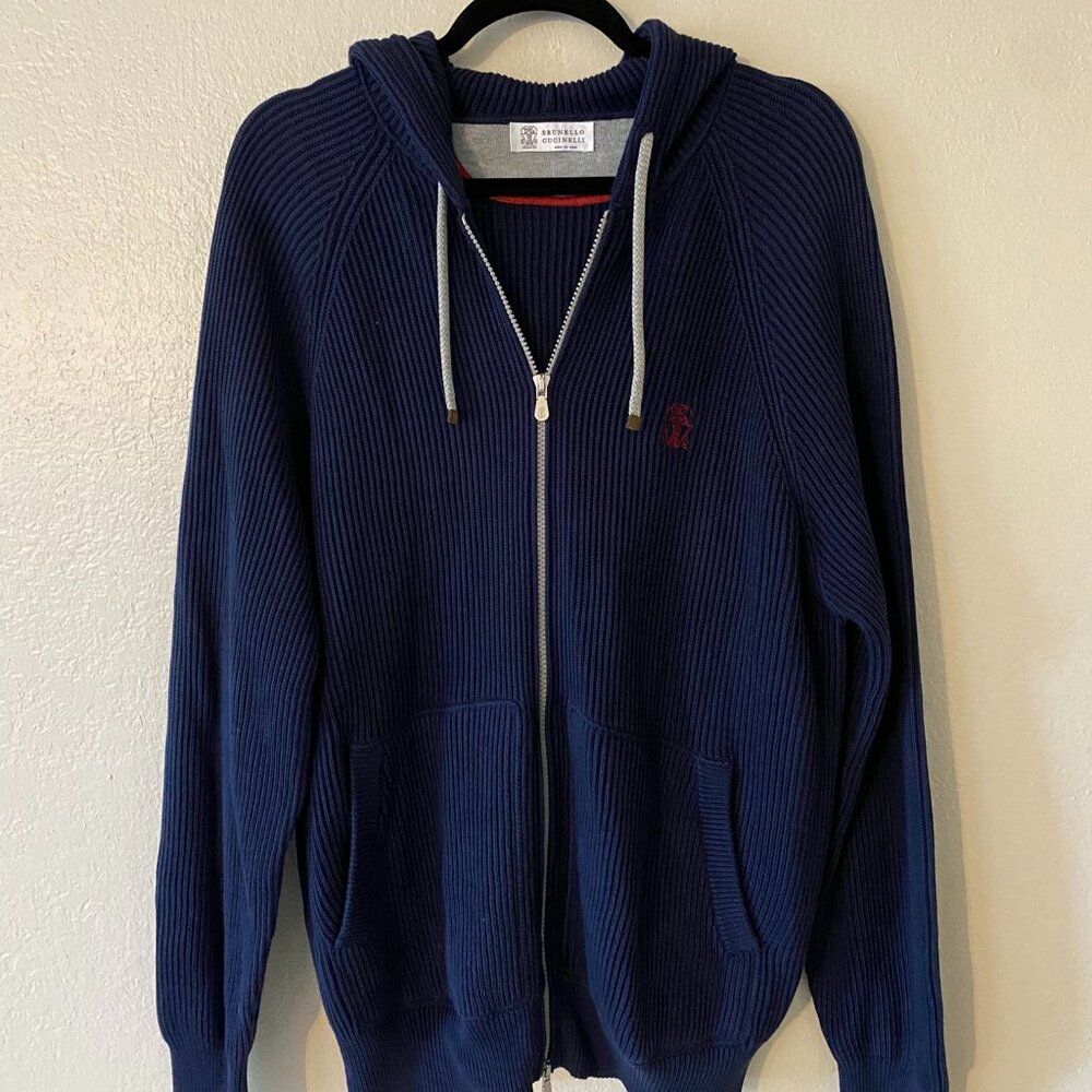 Brunello Cucinelli Navy Ribbed Hoodie Zip-up